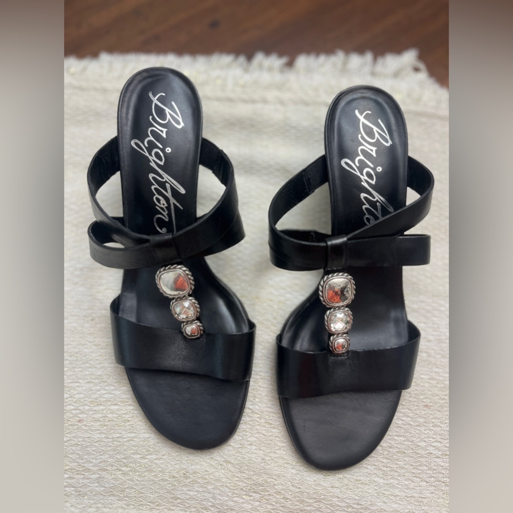 Brighton Tenley Heeled Sandals Leather Size 7.5 Made in Brazil Silver Retro Chic